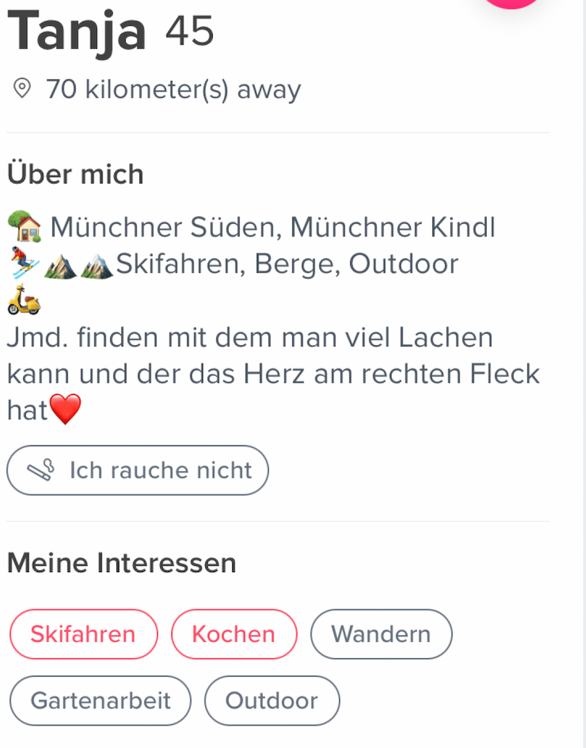 Tinder Bio von Tanja